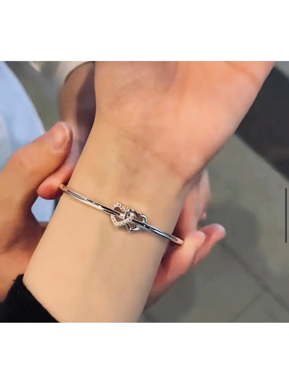 New - Beautiful Silver w/Zircon - Double Heart Bangle Bracelet